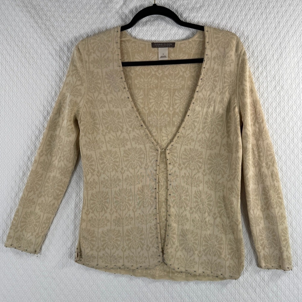 Sigrid Olsen Collection Womens S Beige Silk Blend Beaded Floral Cardigan Sweater